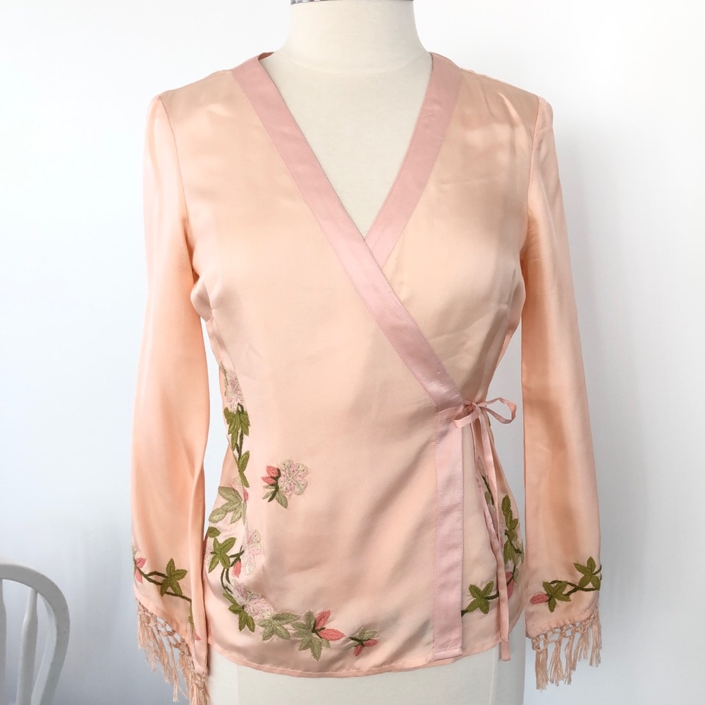 Anthropologie Peach Wrap Blouse with Floral Embroidery